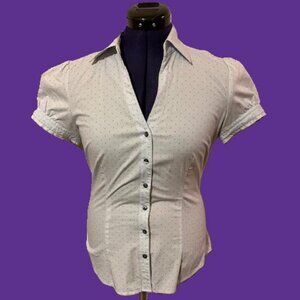 White/blue polka dot 6 button down shirt. Y2K